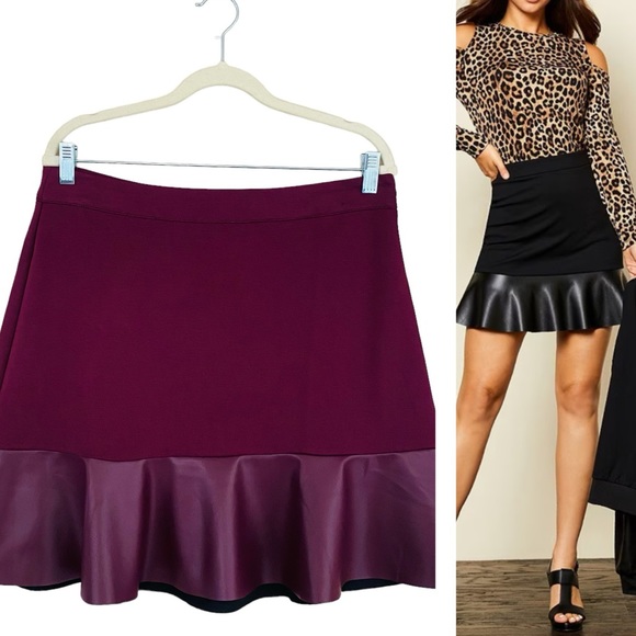 Michael Kors Dresses & Skirts - Michael Kors NWT Merlot Burgundy Ponte Knit Vegan Leather Flounce Mini Skirt Lg